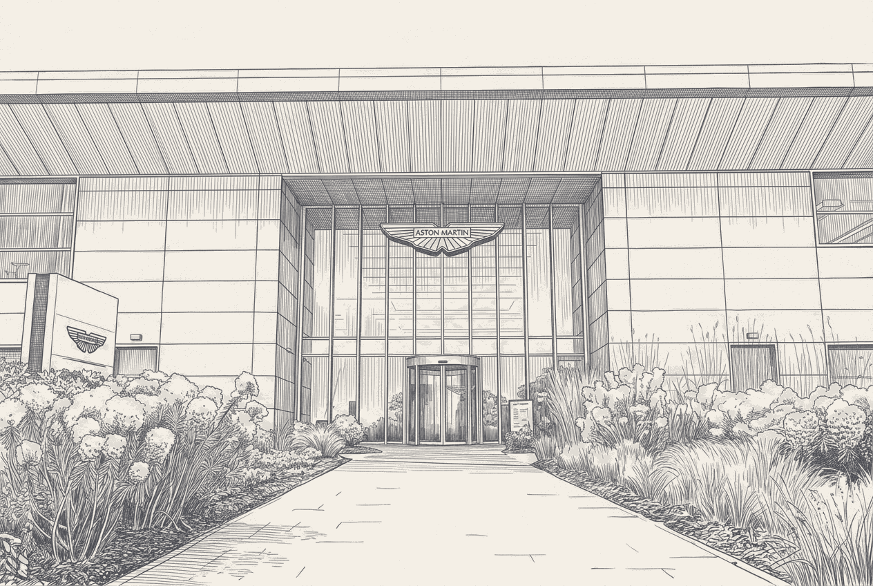 Two-tone hatched-ink illustration of a glazed corporate headquarters entrance, an Aston Martin wordmark inside a winged badge mounted above the revolving door and a second winged badge on the low sign at left, a paved walkway running to the door between deep beds of flowering shrubs and ornamental grasses, nobody in the frame.
