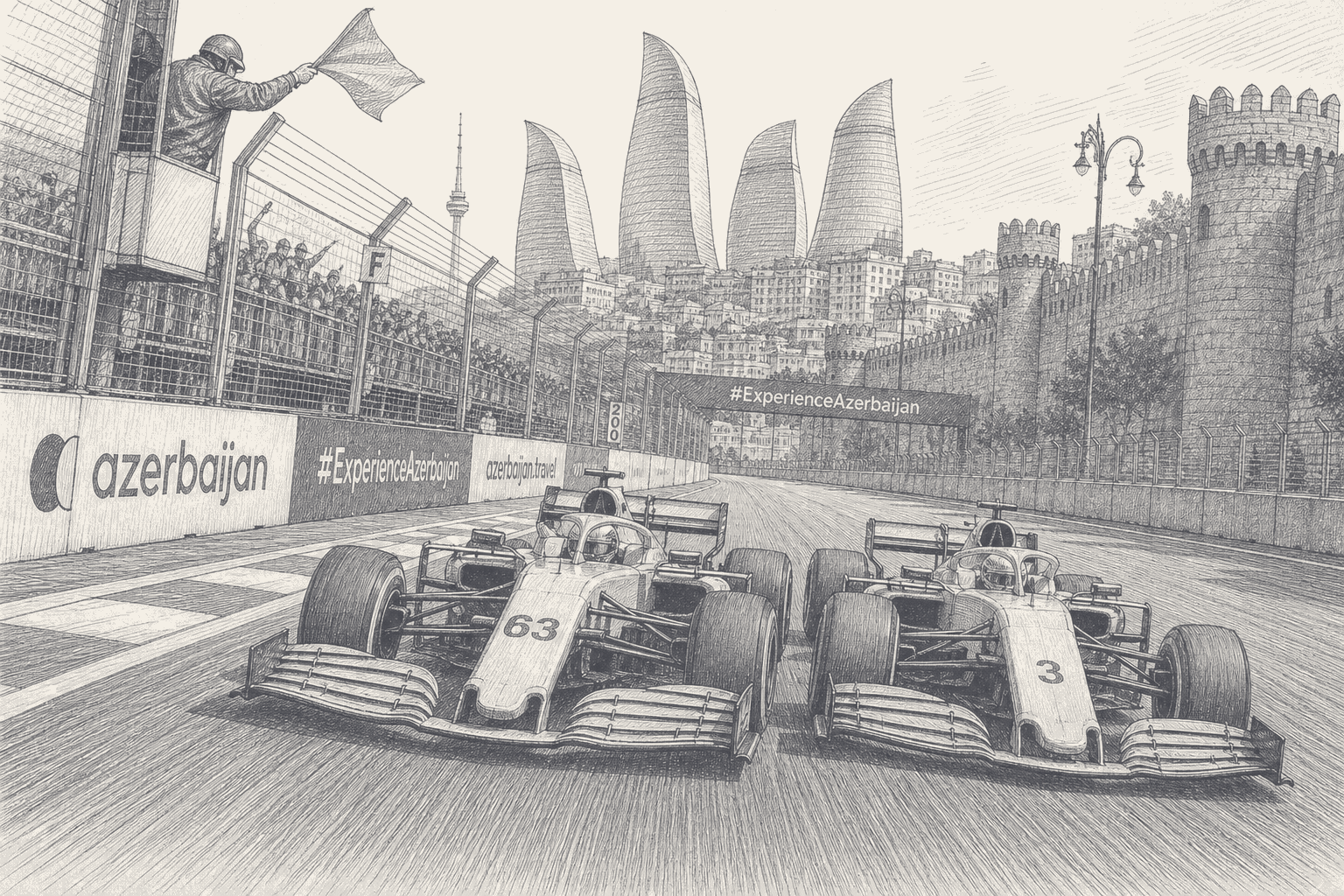Two-tone hatched-ink illustration of two Formula 1 cars numbered 63 and 3 racing nose to nose down Baku's main straight, a marshal on a post above the barrier waving a flag over a packed, fenced grandstand, with the Flame Towers and the stone battlements of the old city behind.