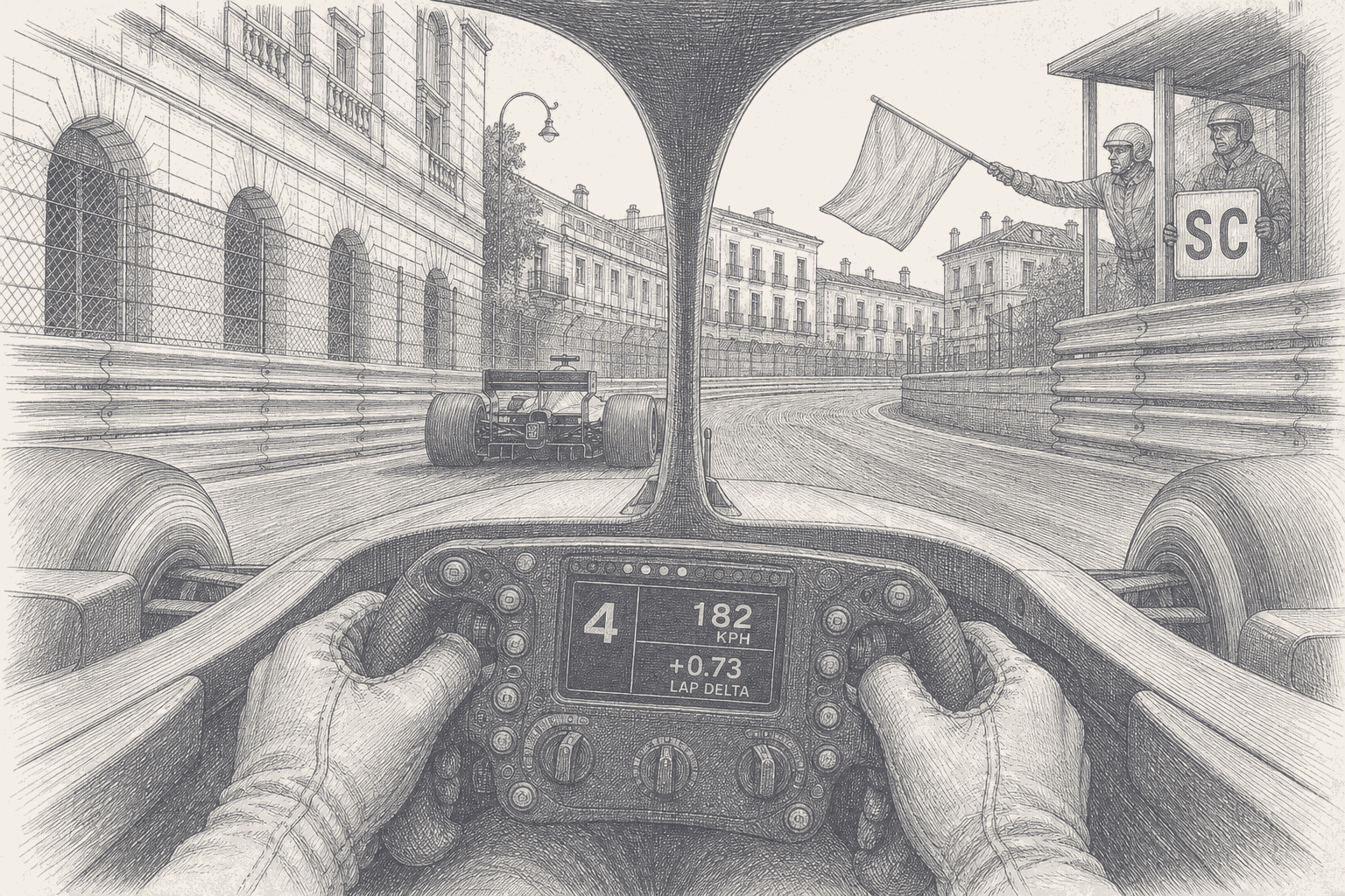 Two-tone hatched-ink illustration from a Formula 1 cockpit on a Baku street straight, the driver's gloved hands on a steering wheel whose display shows no safety car message, the halo pillar framing a car ahead, as marshals on a post beside the barrier wave a flag and hold up a board lettered SC.