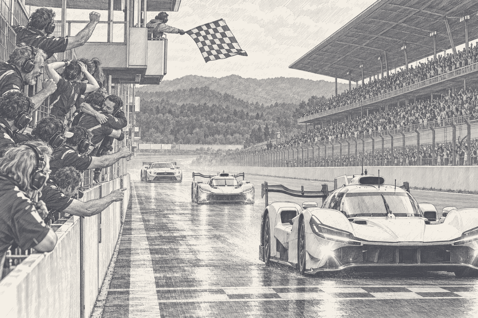 A Toyota Hypercar takes the chequered flag at Barcelona with its sister car close behind and a GT car further back, as the crew celebrate along the pit wall and a packed grandstand looks on, drawn in ink.