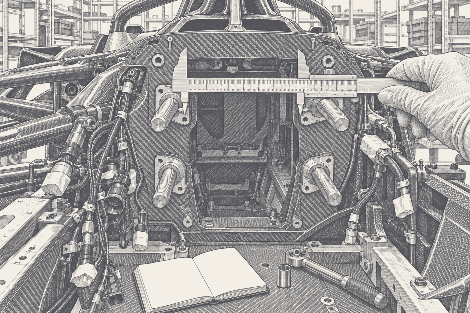 A gloved hand holds a caliper across the engine mounting studs at the back of an empty Formula 1 chassis, its engine bay bare, drawn in ink.