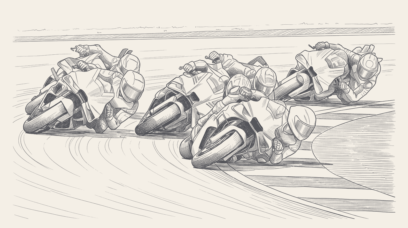 Two-tone hatched technical illustration: the Catalunya layout with Turn 10 marked as the lap-12 Acosta-Marquez incident point and Turn 1 marked as the lap-1 Zarco-Marini-Bagnaia second-restart incident point, an inset of the championship bar showing Bezzecchi 142 to Martin 127 after Catalunya, and a small panel showing the restart-protocol sequence from green flag to second red flag.