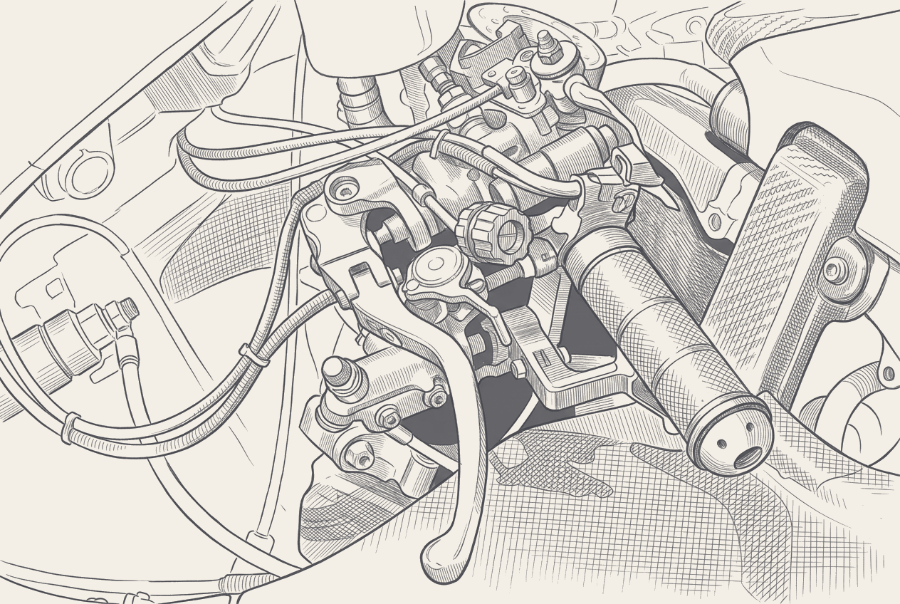 Close-up of a racing motorcycle's handlebar controls, the front brake lever, master cylinder and adjuster knob beside the throttle grip, drawn in two-tone ink.