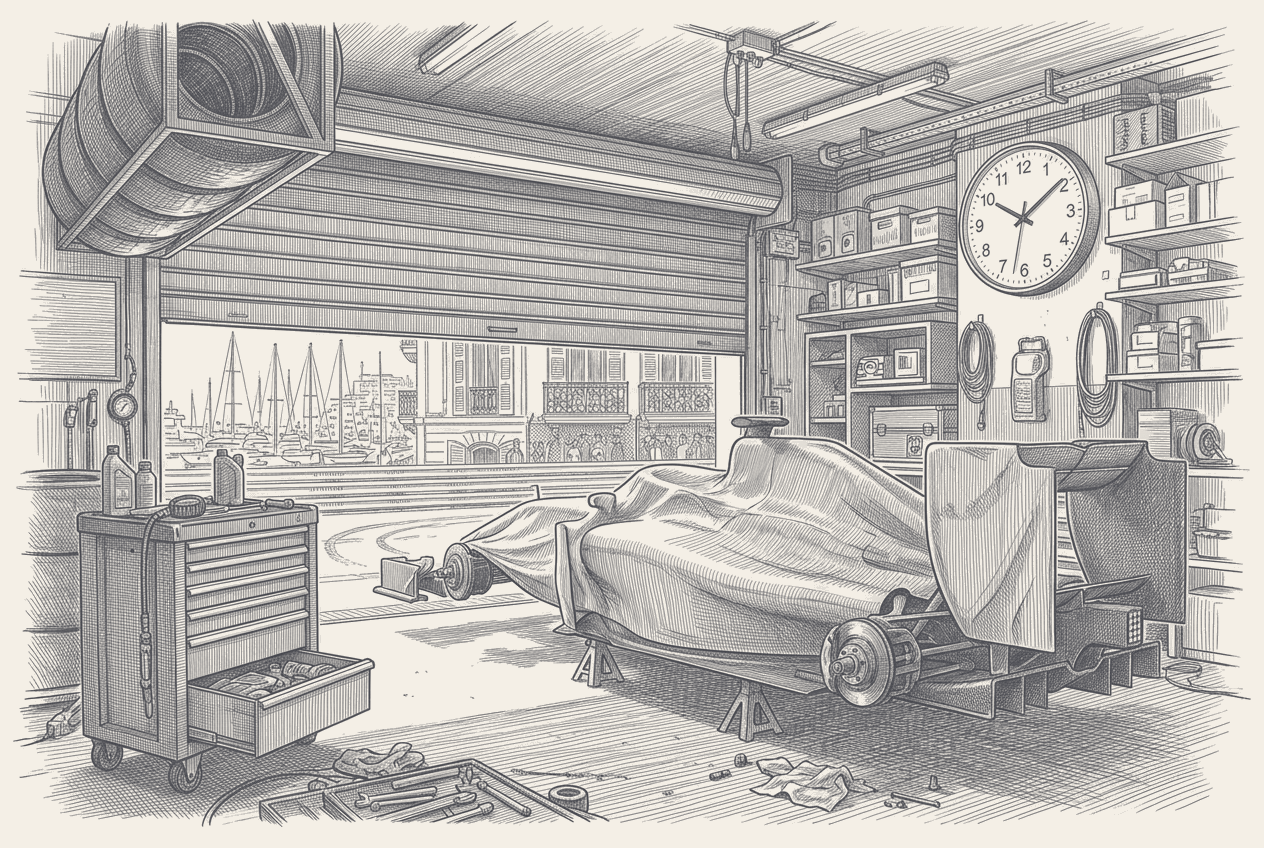 Two-tone hatched-ink illustration of a Monte Carlo pit garage with its roller shutter rolled up, a single-seater under a fitted cover on jack stands with its hubs bare, a rolling tool chest and a second covered assembly beside it, a large round clock high on the back wall, and the harbour's masts and shuttered apartment balconies across the track through the open front.