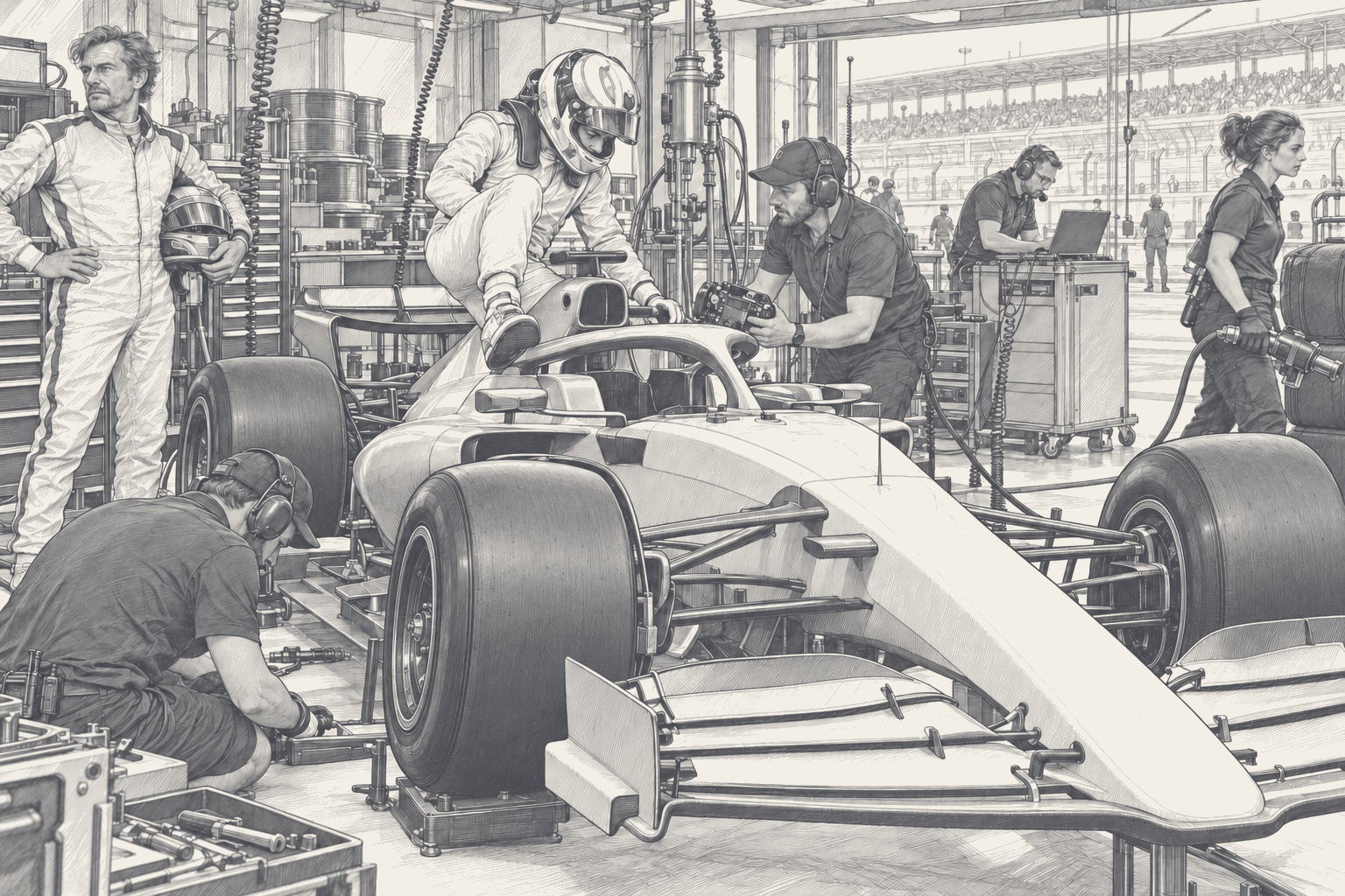 A young driver climbs into a Formula 1 car on its stands while the race driver, helmet under his arm, stands back by the tool chests and mechanics prepare the car, drawn in ink.