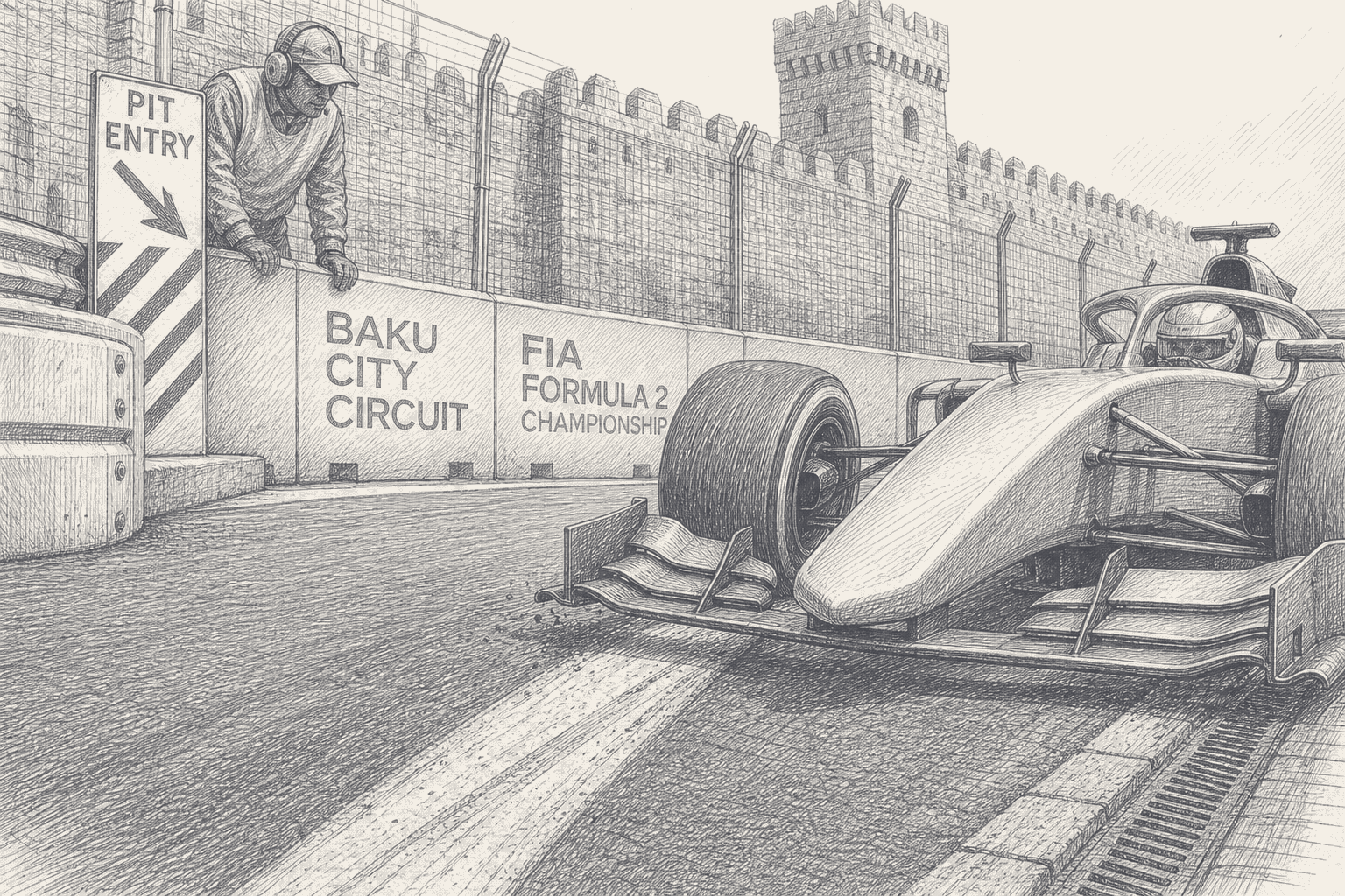 Two-tone hatched-ink illustration of a Formula 2 car at the Baku pit entry, its front wing reaching over the painted white line as rubber dust lifts from the asphalt, beside a pit entry sign and barriers lettered Baku City Circuit and FIA Formula 2 Championship, with a marshal leaning over the wall and the crenellated old city walls behind.