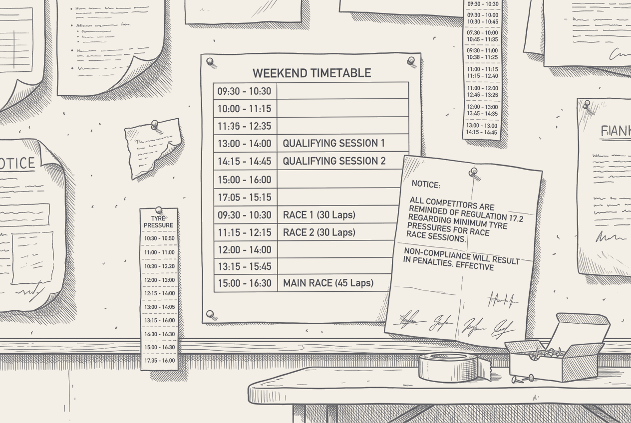 Two-tone hatched-ink illustration of a crowded paddock noticeboard, a pinned weekend timetable listing two qualifying sessions and three races beside a signed notice carrying a stack of signatures, a tyre-pressure strip, and tape and a box of pins on the shelf below.