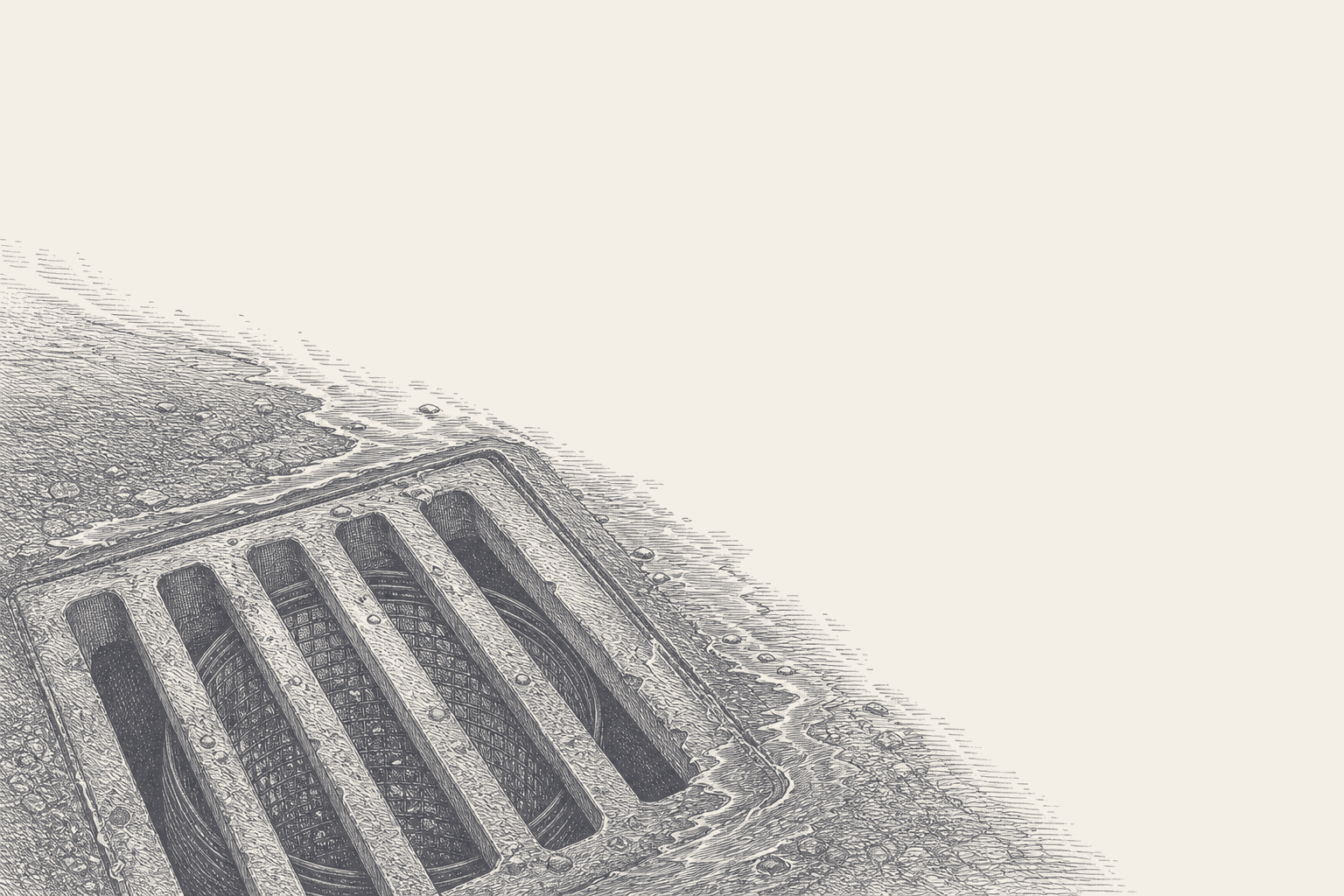 Two-tone hatched-ink illustration of a slotted road drain set in cracked asphalt, seen from above and to one side, a mesh filter basket visible in the shaft below the bars and a thin stream of water running past the grate, the rest of the frame left empty.