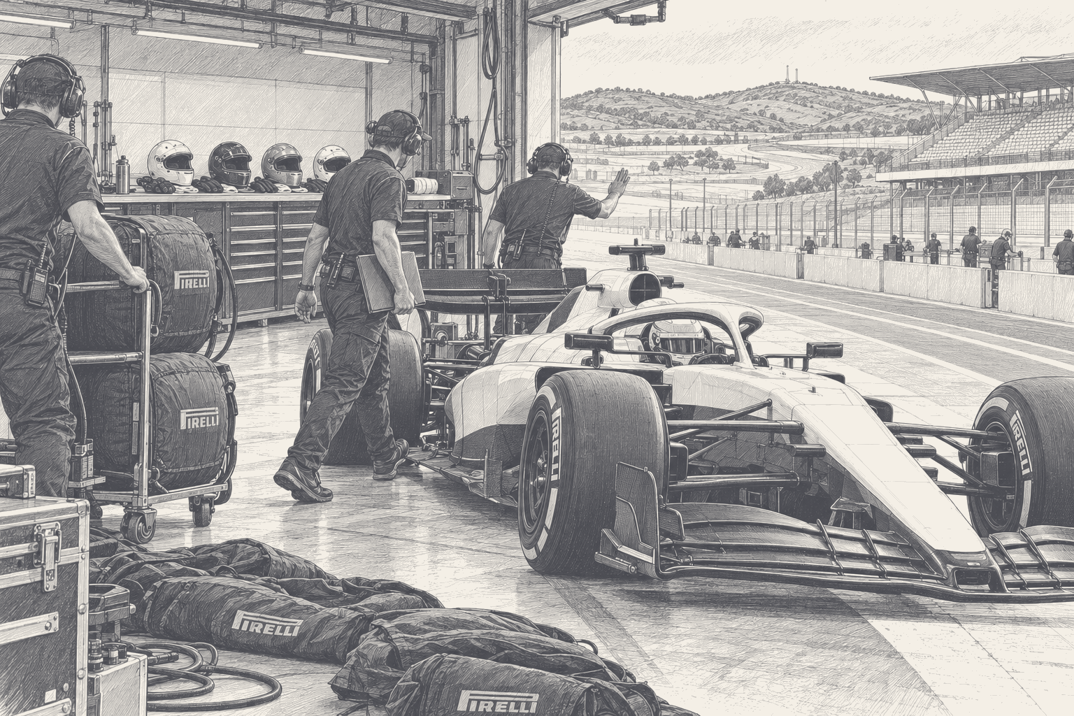 A Formula One car in plain test bodywork rolls out of an open pit garage at Portimao as mechanics in headsets walk beside it, tyre blankets dropped on the floor and spare helmets waiting on the workbench behind, drawn in ink.