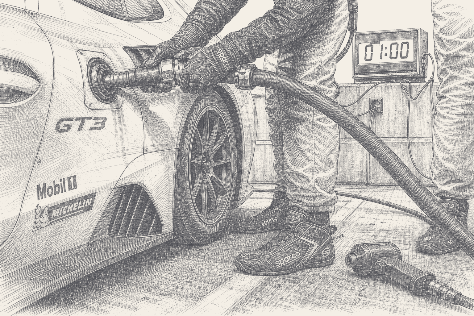 Two-tone hatched-ink illustration of a refuelling probe locked into a GT3 car's filler with two gloved hands on it, the fuel hose curving away past a crew member's legs and boots, a wheel gun lying on the pit floor and a pit-wall race clock reading one minute.