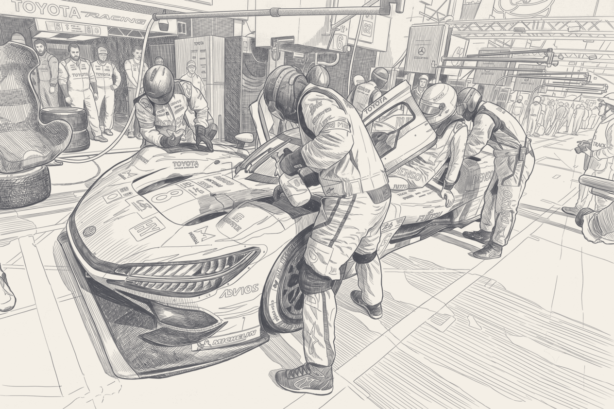 Two-tone technical illustration of two pit-stop time bars stacked against a thin victory-margin gap, a loose brake-cover screw drawn as an exploded callout above the longer bar.