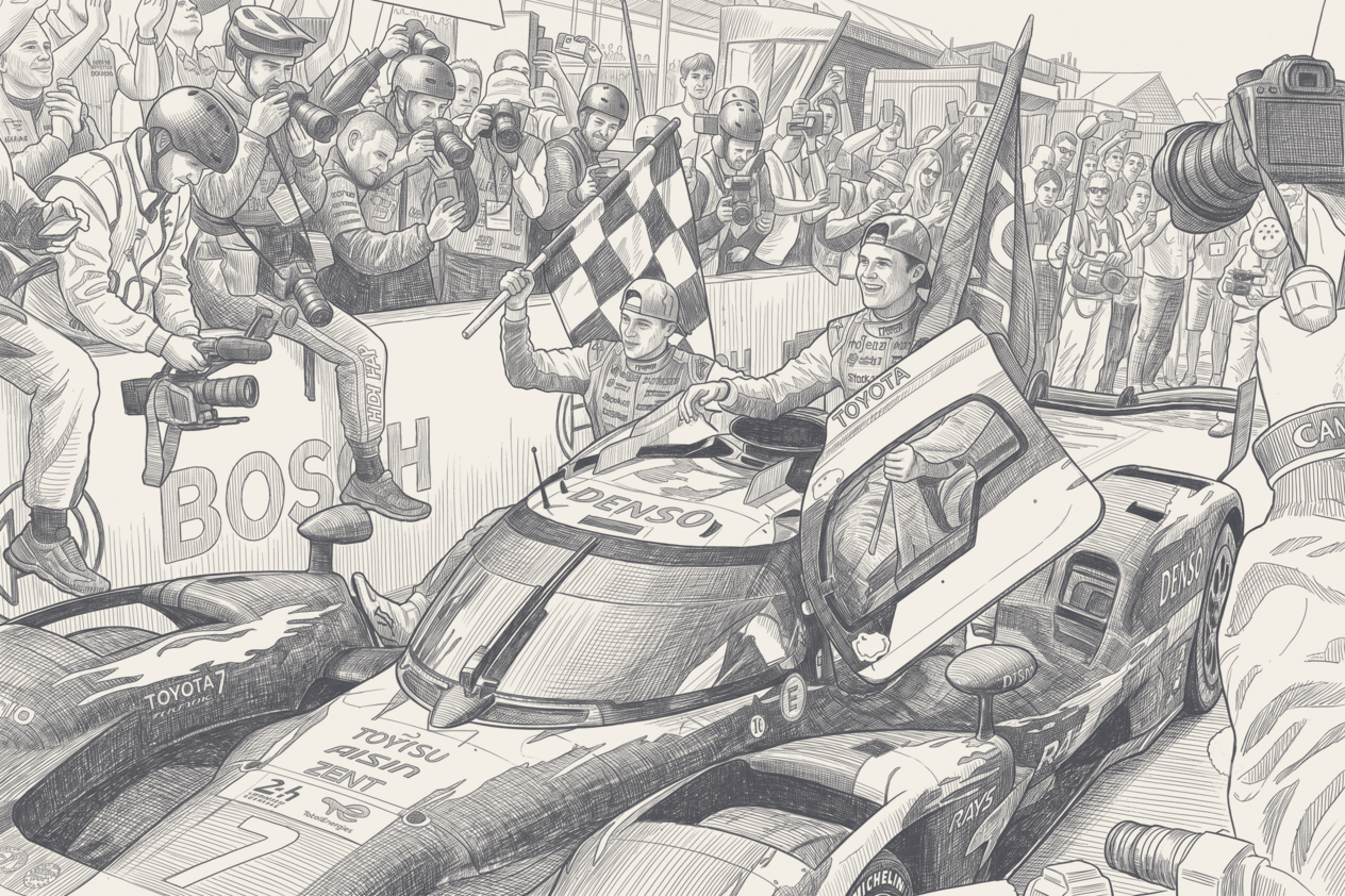 Two-tone technical illustration of a Le Mans pit-board reading P14 at the top and P1 at the bottom, the rungs between drawn as a 24-hour clock face wrapped around the Circuit de la Sarthe outline, with two car silhouettes on the podium step split by a third.
