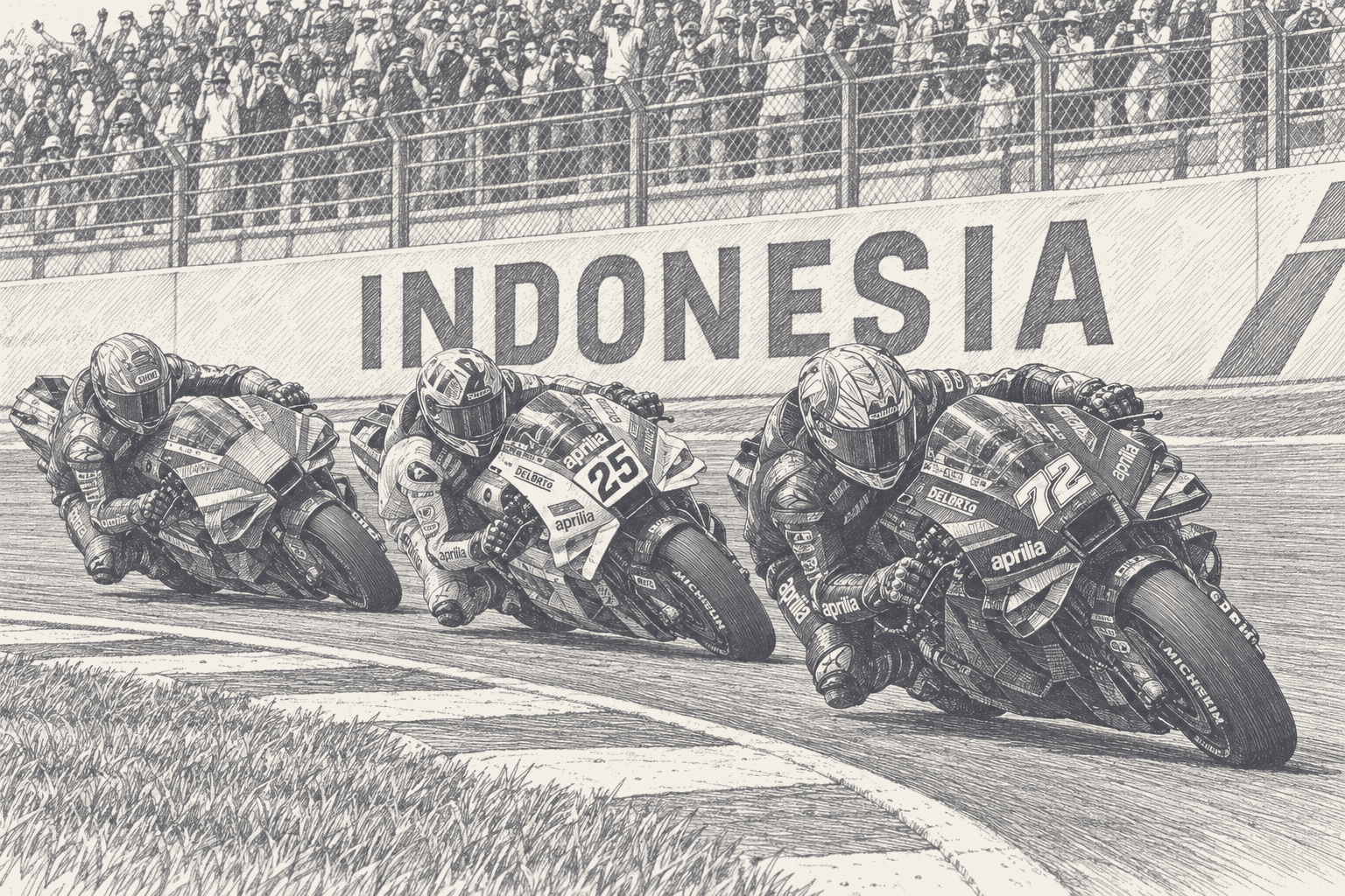 Two-tone hatched-ink illustration of three MotoGP bikes leaning nose to tail through a corner at Mandalika, Aprilia number 72 leading number 25, with INDONESIA lettered along the wall and a packed grandstand behind the fence.