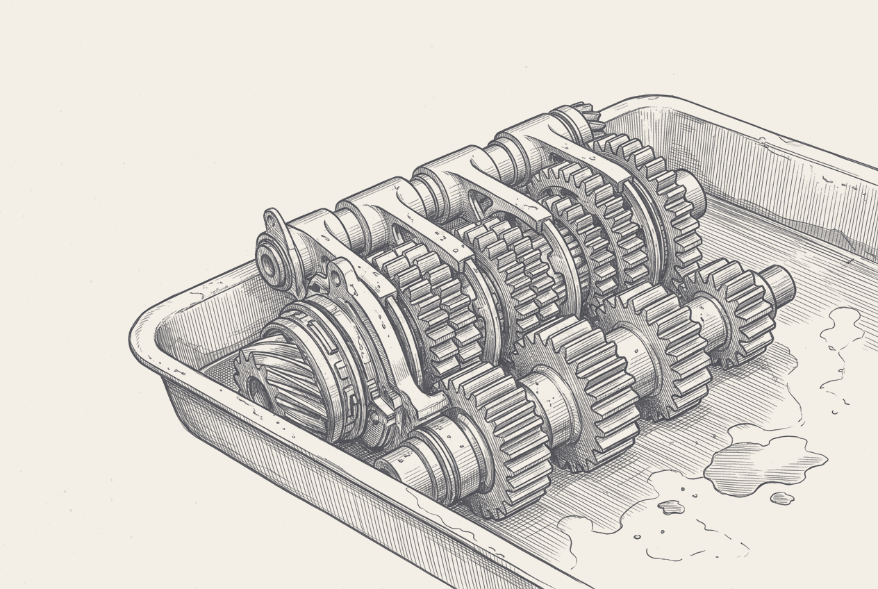 Two-tone hatched-ink illustration of a gearbox cluster lying in a shallow metal parts tray, straight-cut gears stacked along two parallel shafts with the selector forks and a bearing pack alongside them, and oil pooled in the corner of the tray.