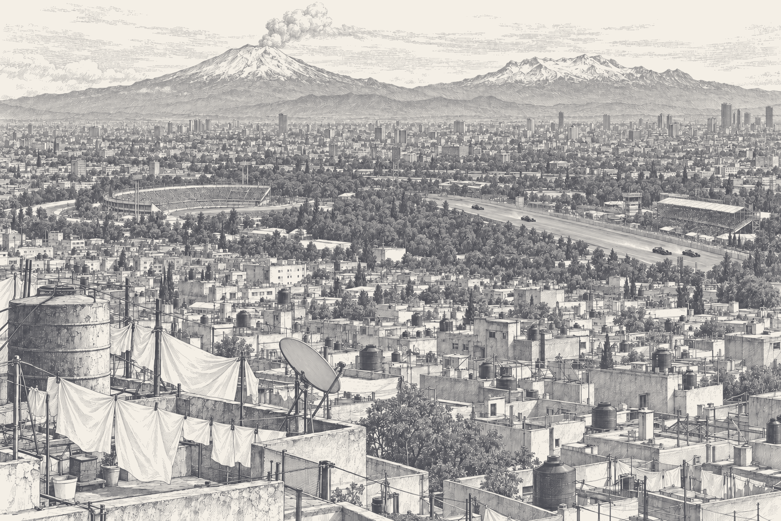 Rooftops and water tanks across Mexico City look out to the Autodromo Hermanos Rodriguez, four Formula 1 cars on the straight and snow-capped volcanoes beyond, drawn in ink.