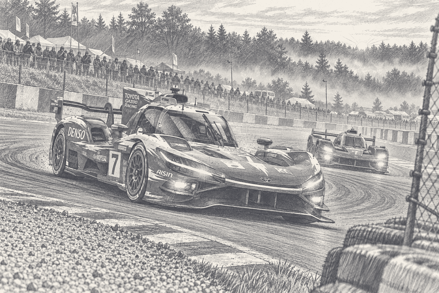 The No. 7 Toyota Hypercar cornering on a damp track ahead of another prototype, spectators lining the fence above and mist in the trees, drawn in two-tone ink.