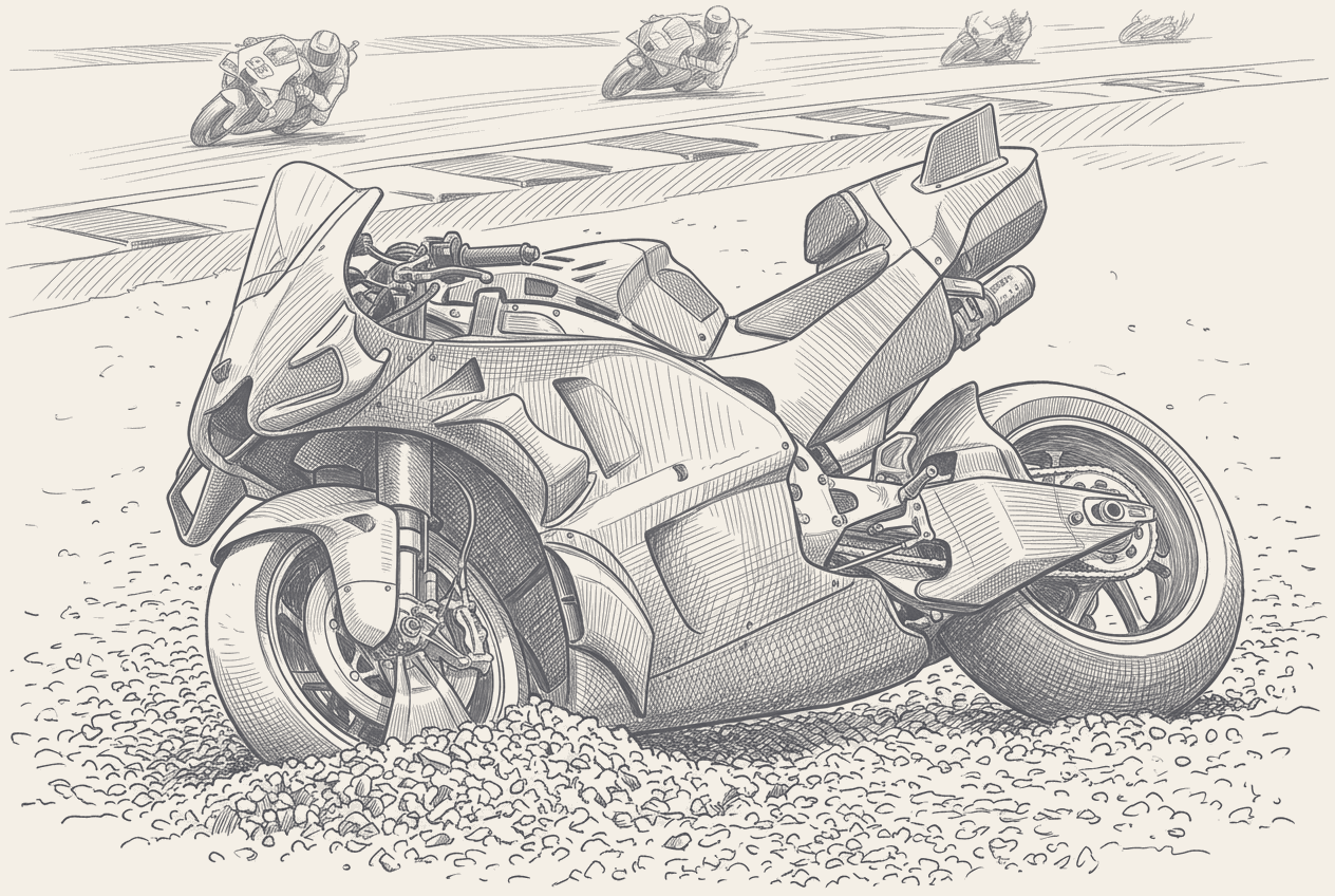 Two-tone hatched-ink illustration of a modern MotoGP prototype standing upright in a gravel trap with its front wheel turned, and four riders leaned over through the corner on the track behind it.