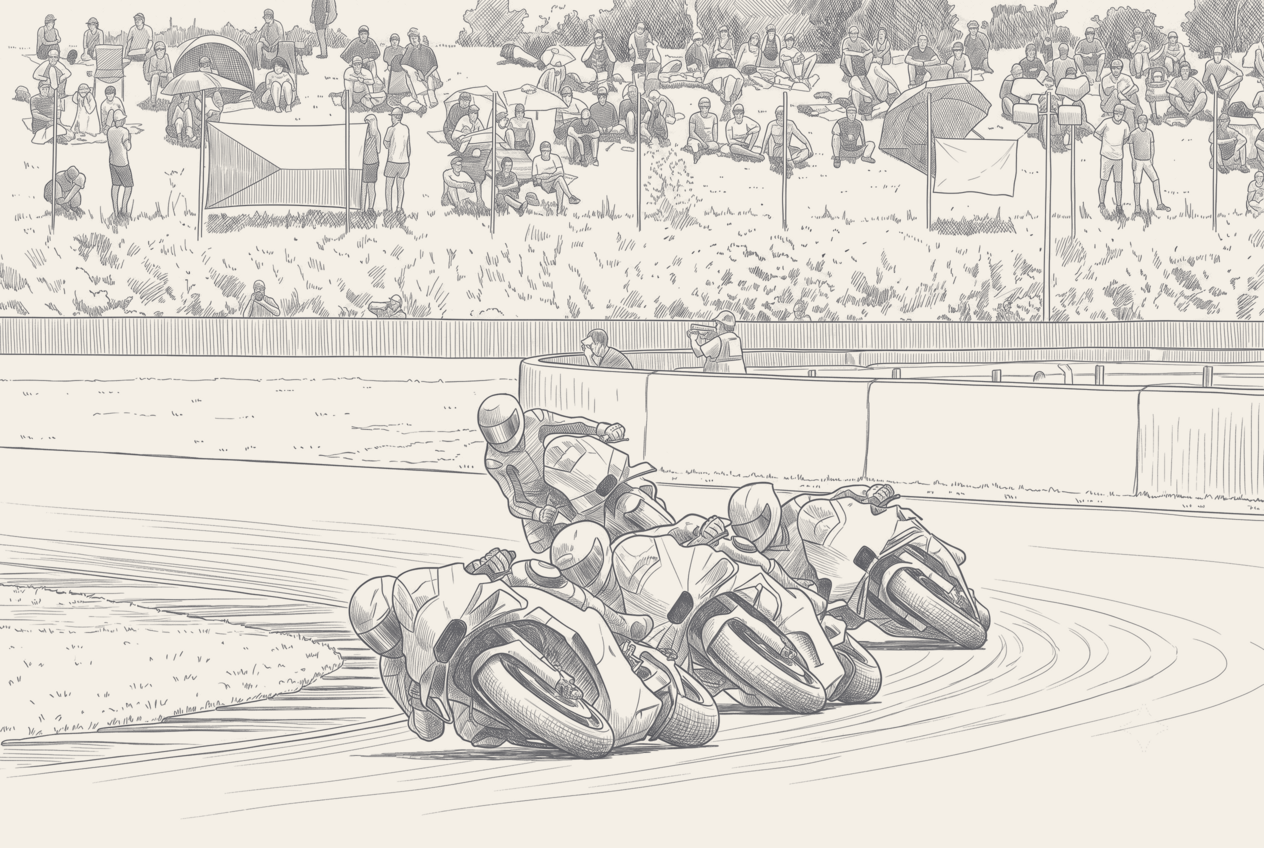Two-tone technical illustration of a MotoGP engine and tyre with capacity, bore, aero and fuel figures called out as a parts diagram, a single calendar tile marked Monday set against a long blank gap to September.