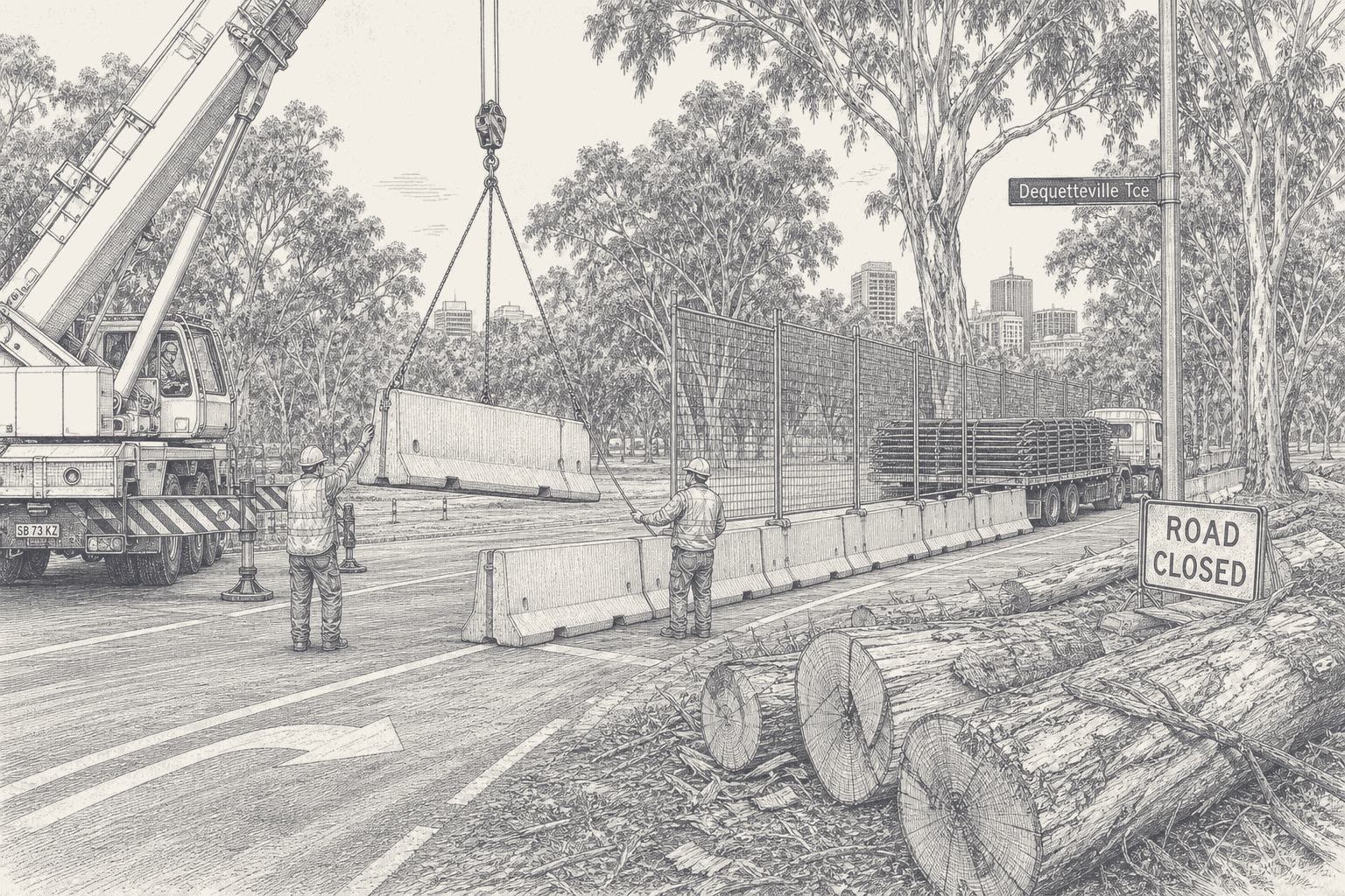 Hatched-ink illustration of a street circuit being built along a tree-lined Adelaide terrace: a mobile crane lowers a concrete barrier block into a row while hard-hatted workers guide it on a tag line, catch fencing rises behind them, felled gum trunks lie on the verge beside a Road Closed sign, and the city skyline stands beyond.