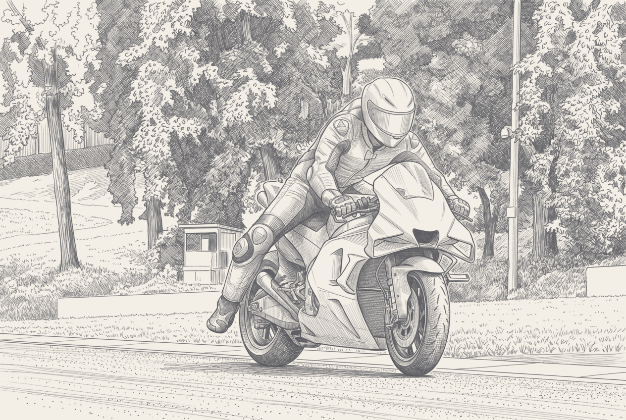 Two-tone diagram of five garage bays, each with an arrow showing a rider leaving one factory and arriving at another, a single test bike in each bay tagged with a name that does not match the 2027 arrow.