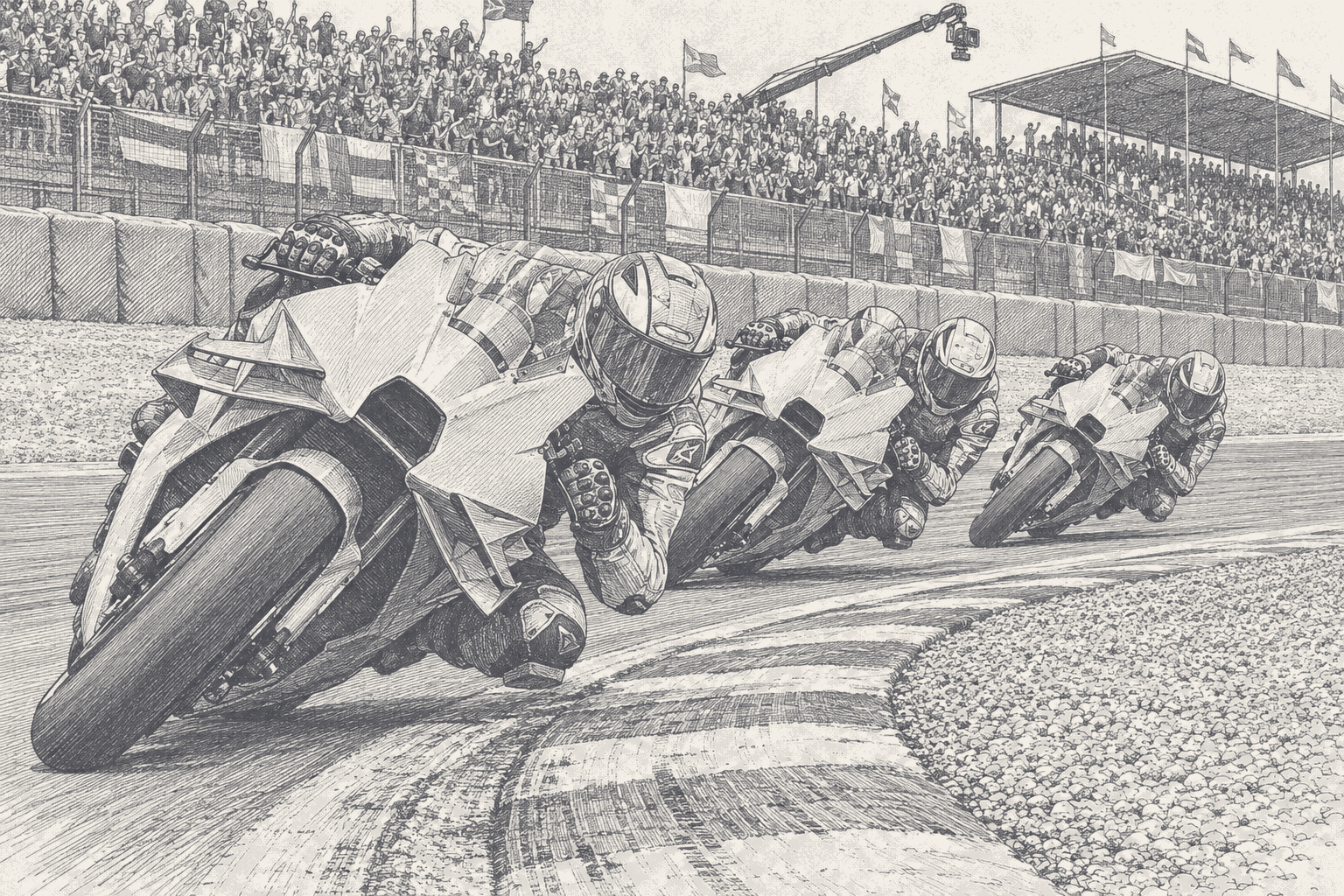 MotoGP riders in a line through a fast corner, the leader at full lean in front of a packed grandstand, drawn in two-tone ink.