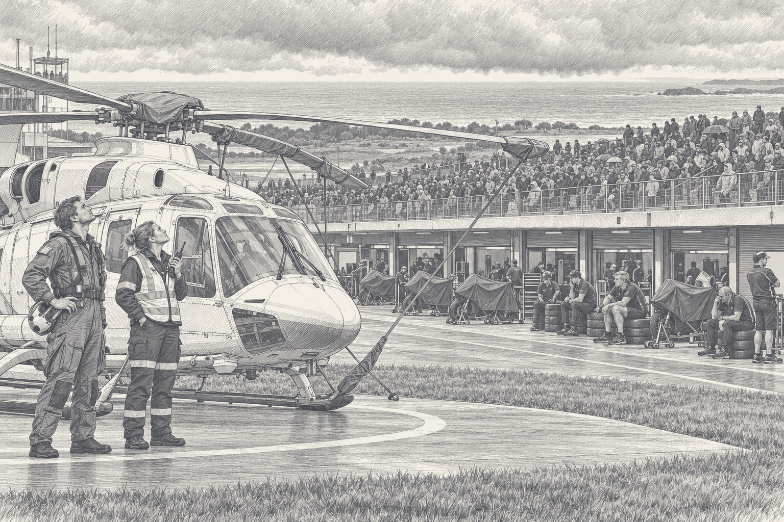 A pilot and a crew member in a high-visibility vest stand beside a medical helicopter on its pad at Phillip Island looking up at low cloud, while mechanics wait beside covered bikes in the pit lane behind, drawn in ink.