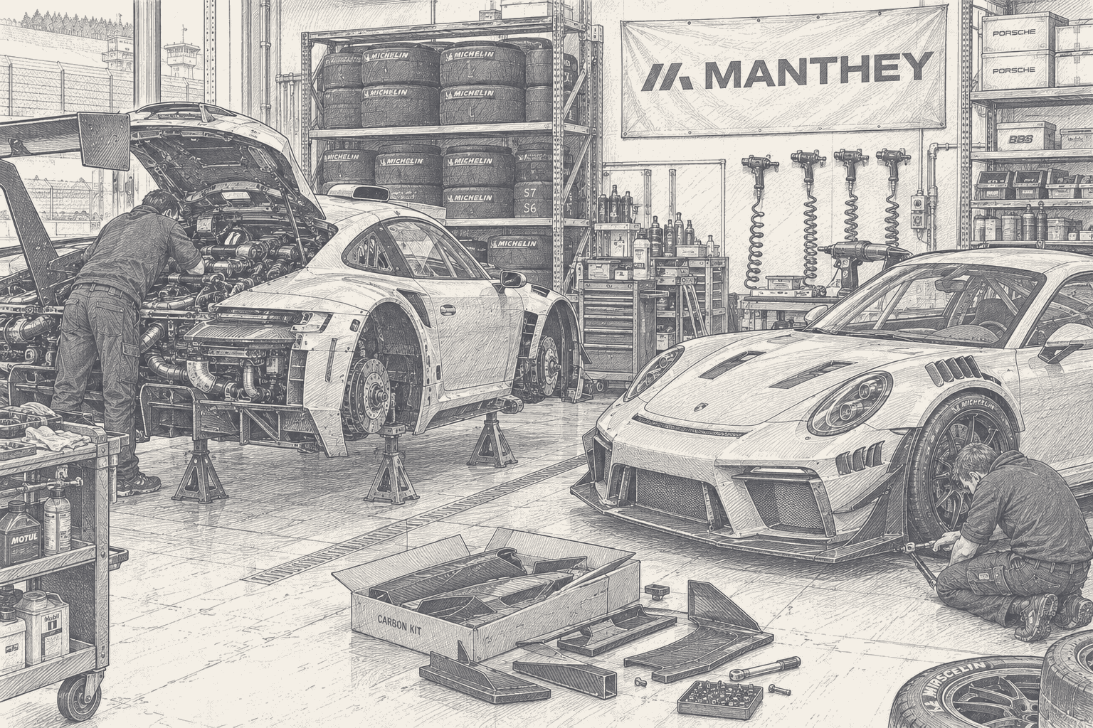 A Porsche 911 GT3 R race car on stands and a road-going 911 GT3 RS in a race shop under a Manthey banner, technicians working on both, drawn in two-tone ink.
