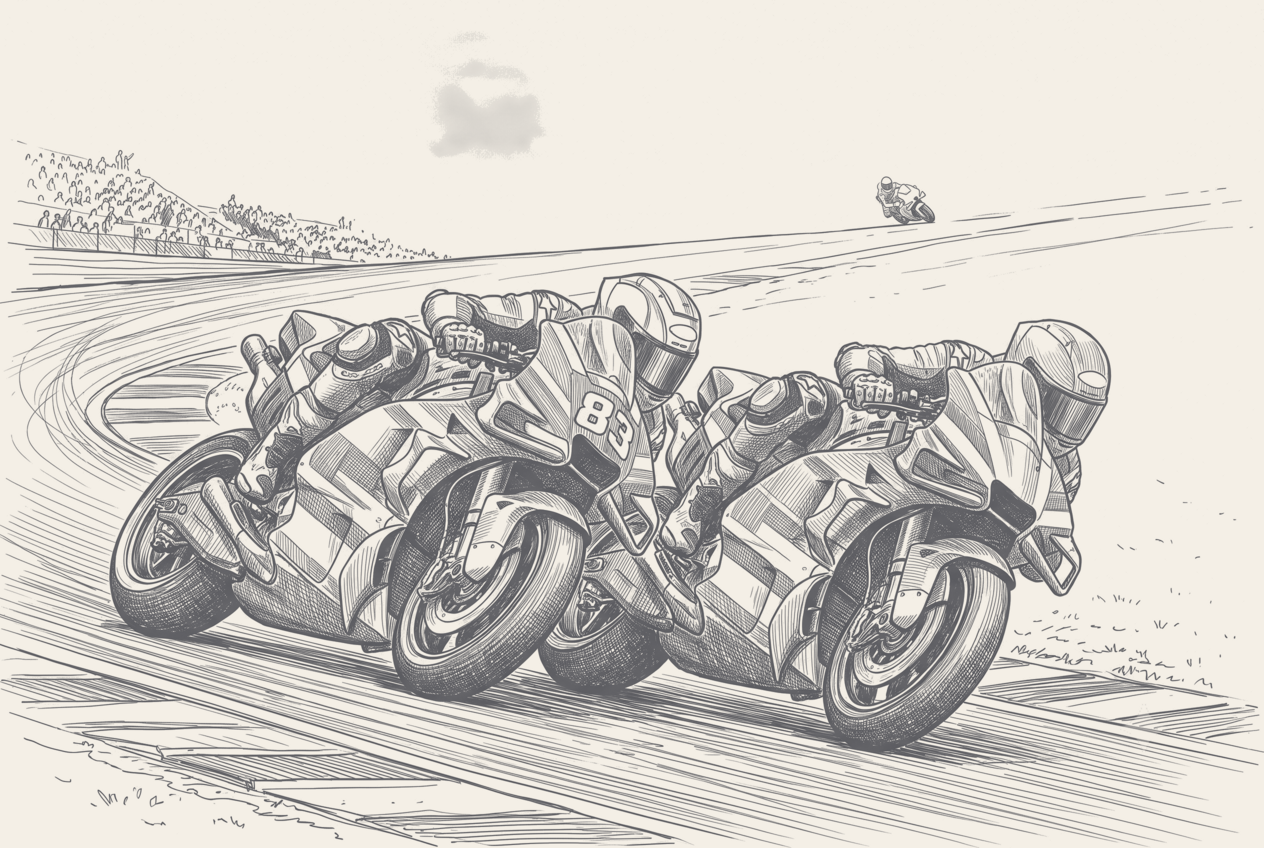 Marc Marquez leads a Ducati GP26 through the downhill left of the Sachsenring's Turn 11, two Trackhouse Aprilia RS-GP26s in formation behind, drawn in two-tone hatched technical illustration.