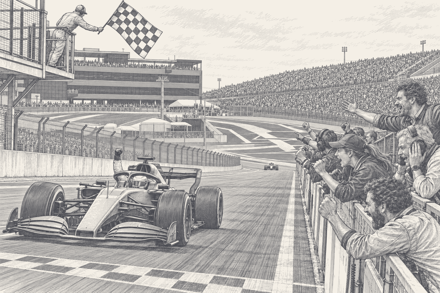 A Formula 1 car takes the chequered flag on the main straight at the Circuit of the Americas as crew cheer over the pit wall and the next car is still far down the straight, drawn in ink.
