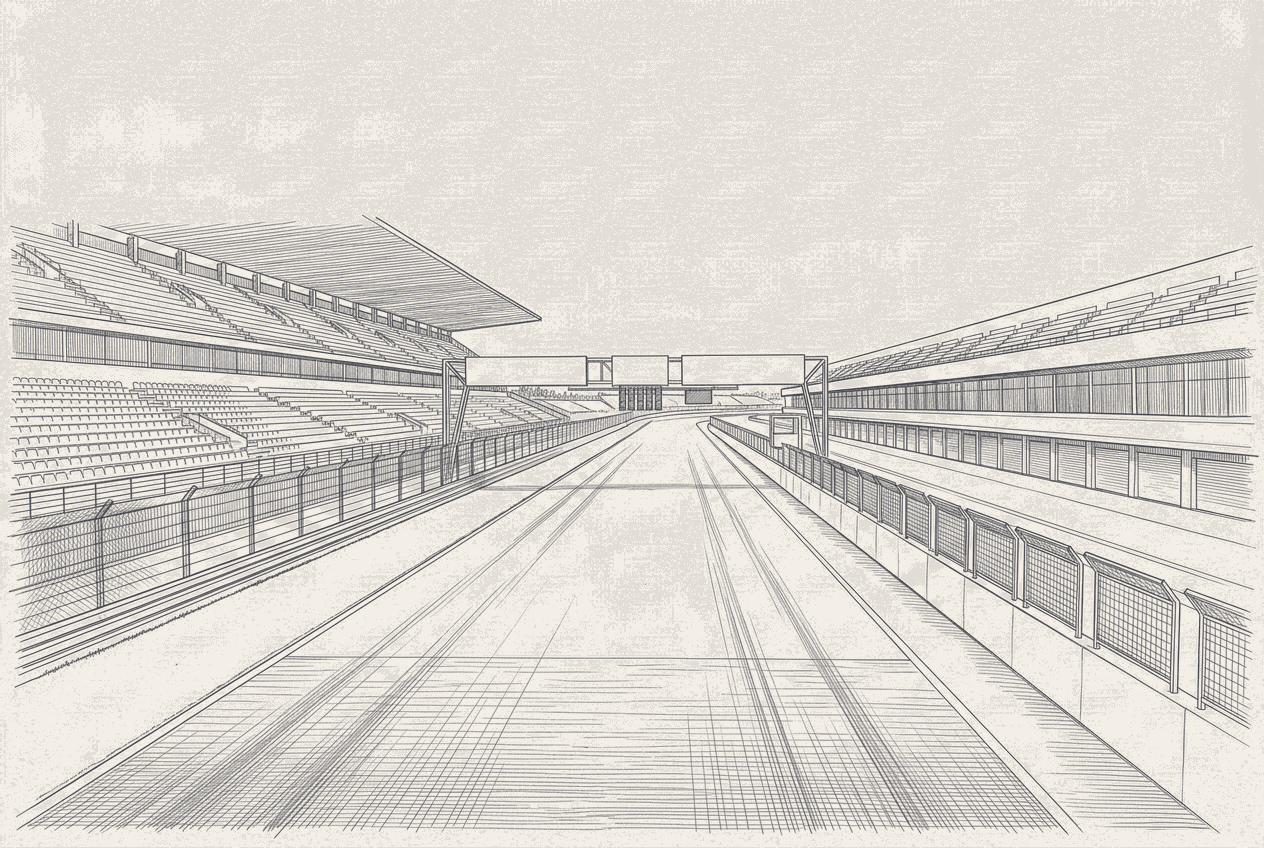 Two-tone hatched-ink illustration of an empty main straight seen head-on, a roofed grandstand of bare seats along the left, the glazed pit building along the right and a gantry spanning the track in the distance, with no cars and no people anywhere in the frame.